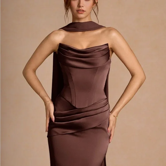 Azazie Strapless Satin Column Gown in Chocolate Brown - Picture 2 of 8
